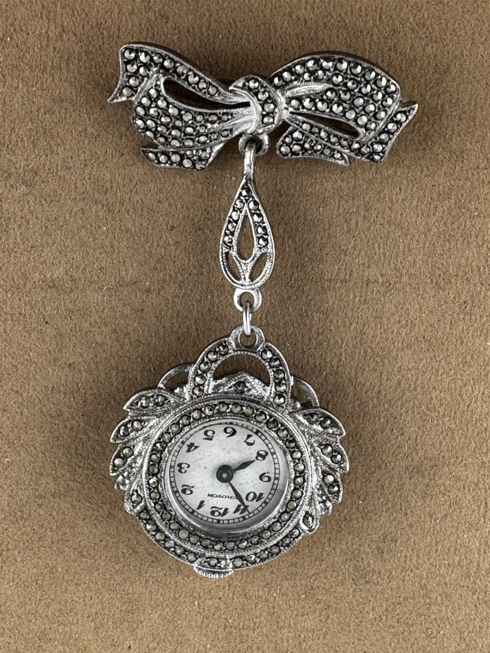 Vintage 1930's Croton Ladies Art Deco Marcasite Watch with Bow Brooch